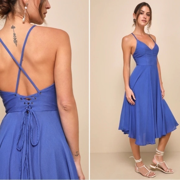 LULU's Tropical Vacation Flowy Tie Back Sexy Bohemian Ruffled Midi Dress - Picture 1 of 3